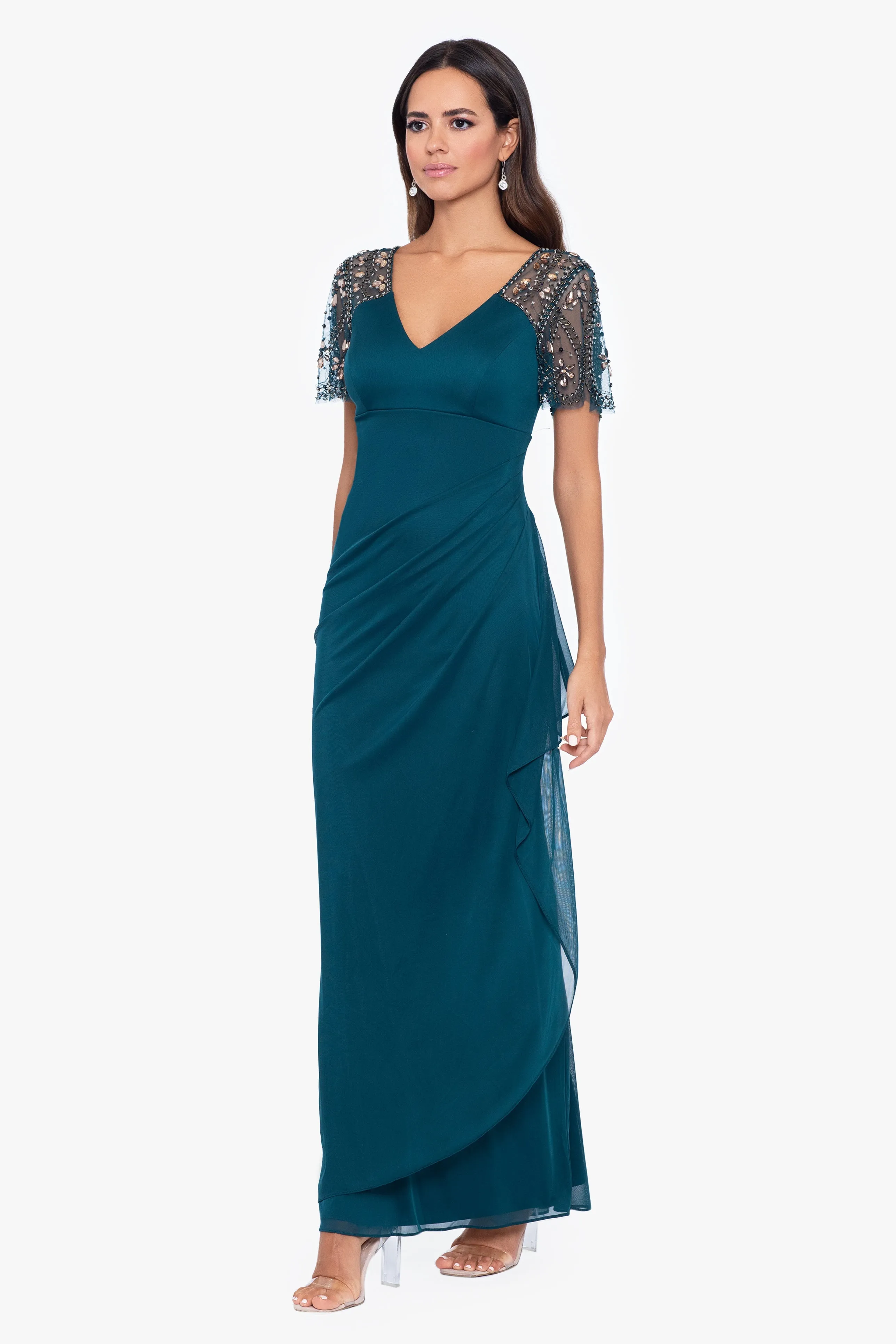 "Lana" Long V-Neck Beaded Flutter Sleeve Dress sold by Xscape product image thumbnail 3
