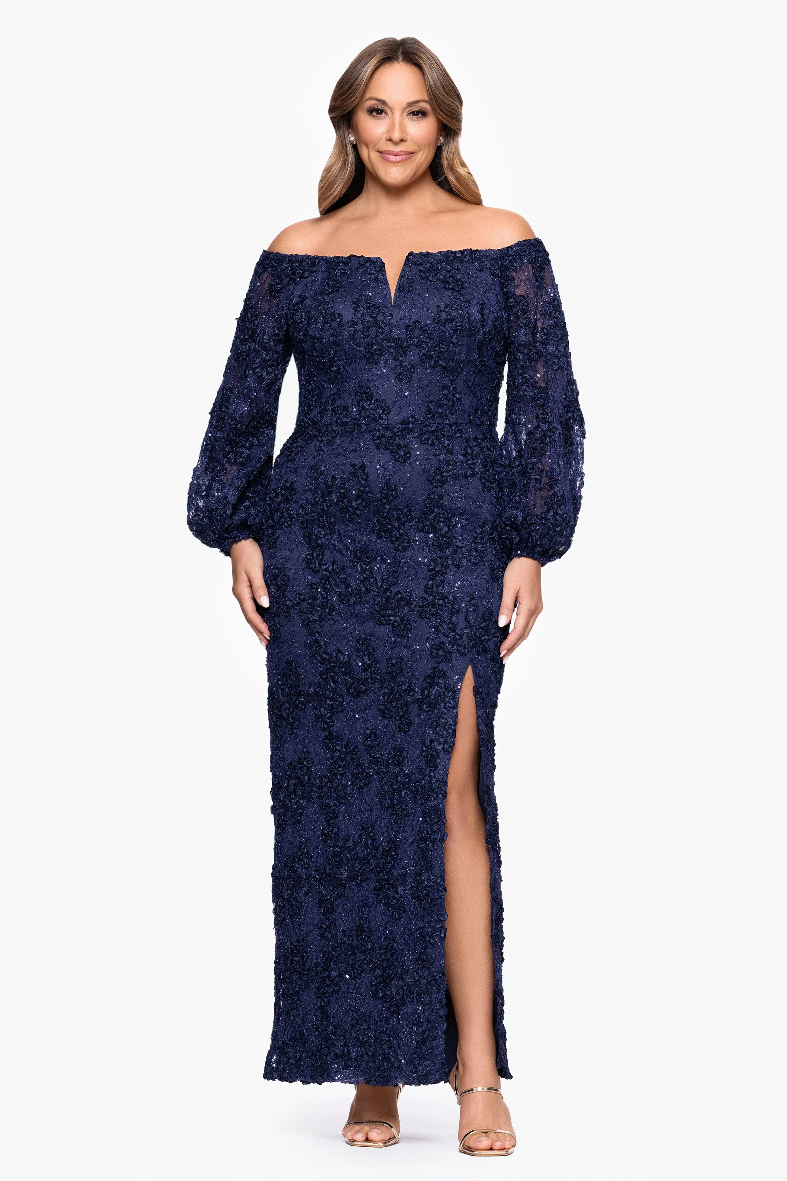 Plus "Janine" Soutache Lace Long Sleeve Off the Shoulder Floor Length Dress sold by Xscape