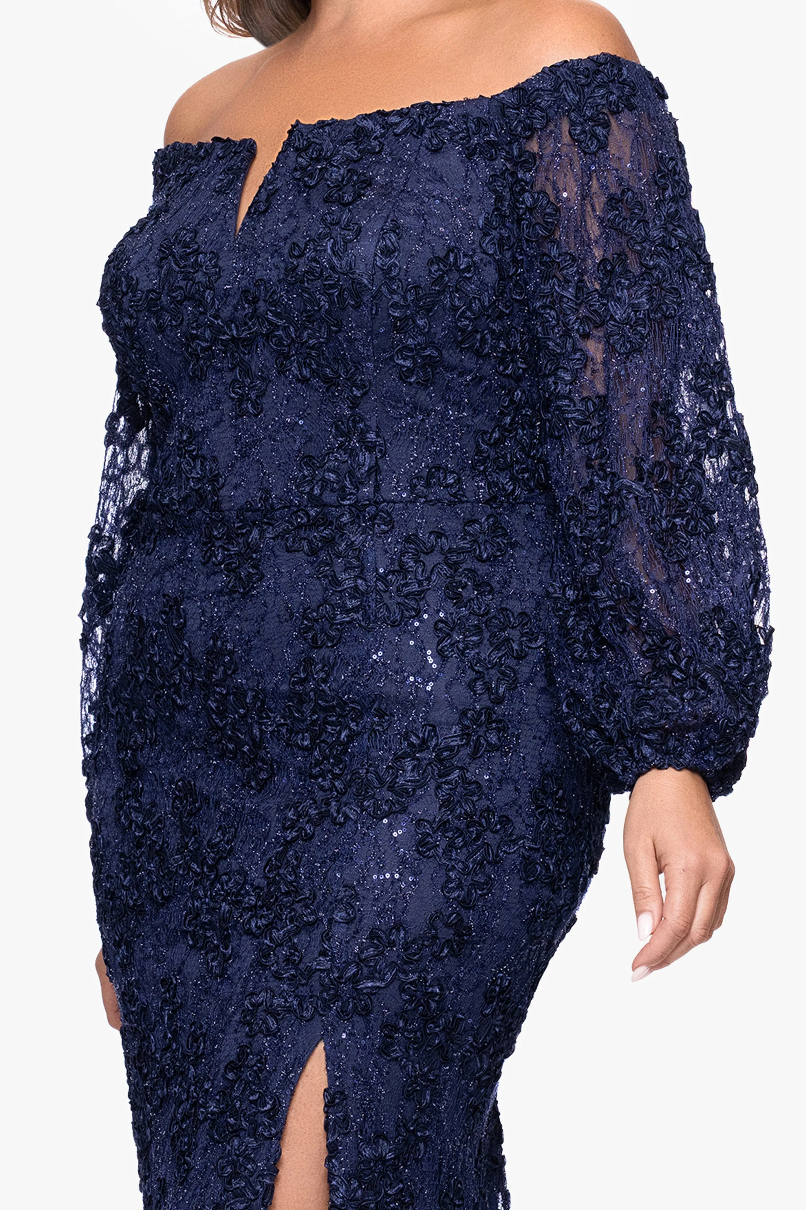 Plus "Janine" Soutache Lace Long Sleeve Off the Shoulder Floor Length Dress sold by Xscape product image thumbnail 2