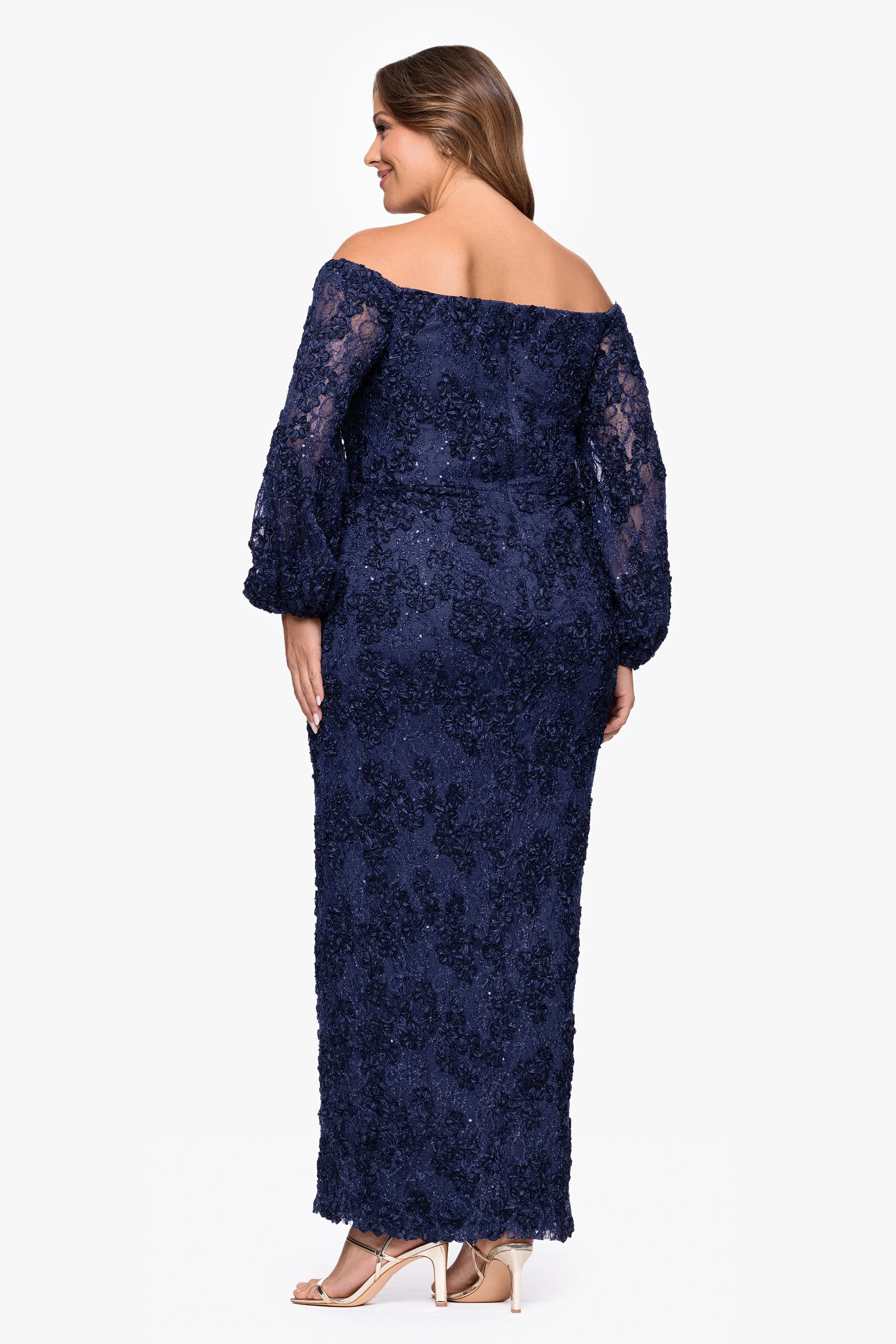 Plus "Janine" Soutache Lace Long Sleeve Off the Shoulder Floor Length Dress sold by Xscape product image thumbnail 3