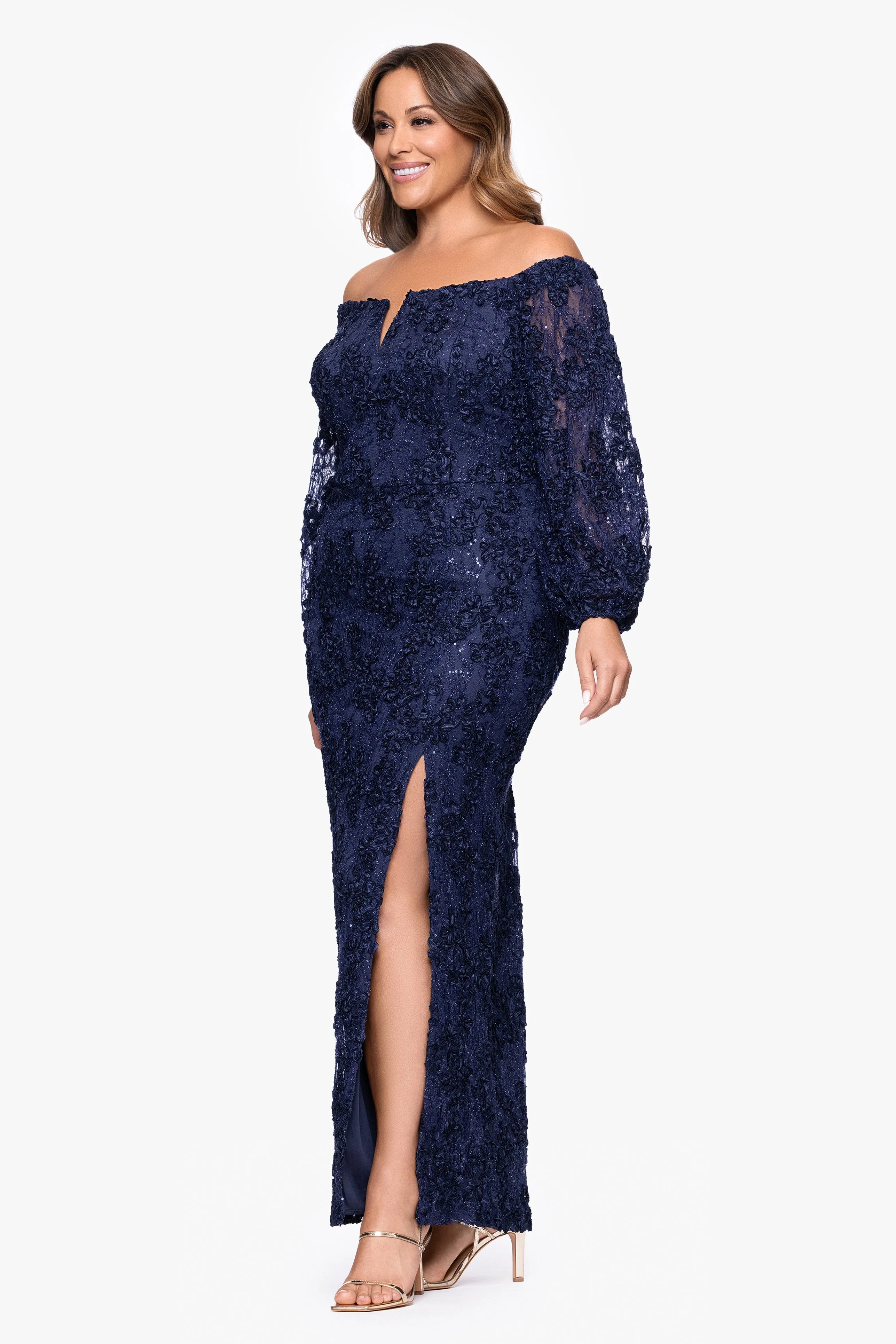 Plus "Janine" Soutache Lace Long Sleeve Off the Shoulder Floor Length Dress sold by Xscape product image thumbnail 4