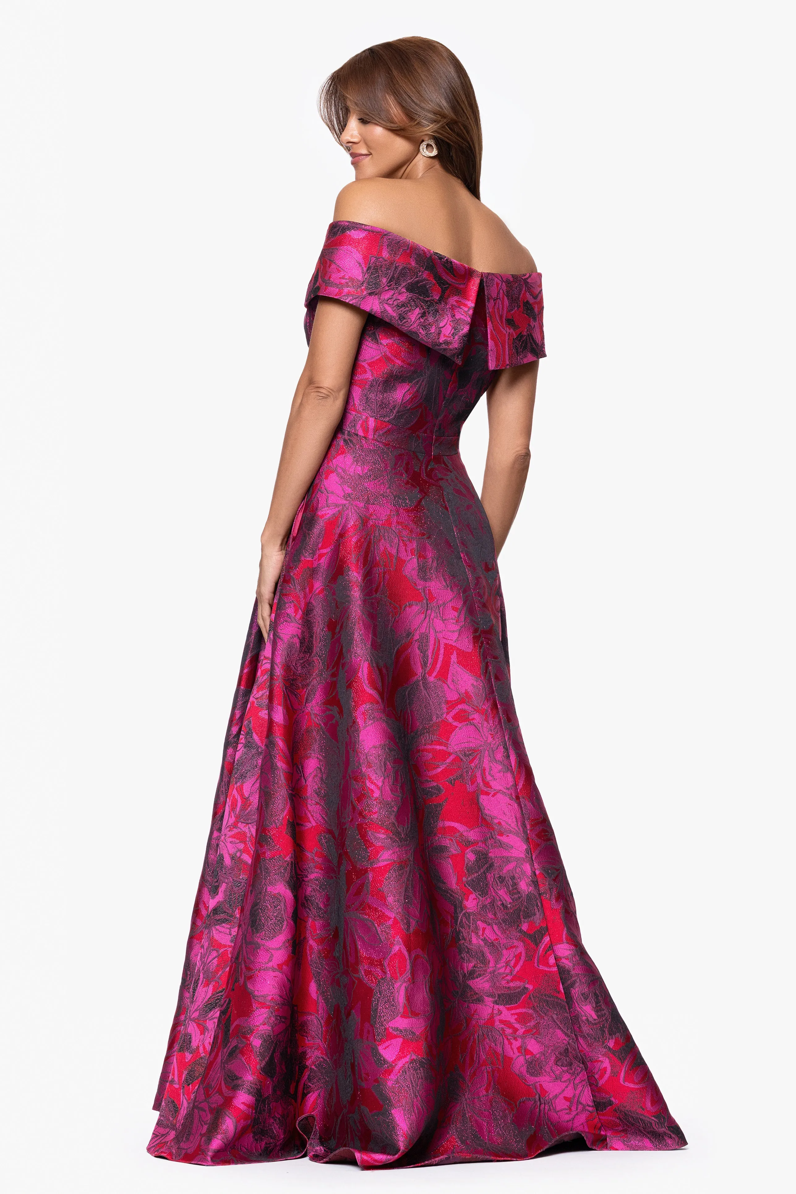 "Bethaney" Jacquard Off the Shoulder Sweetheart Neckline Floor Length Dress sold by Xscape product image thumbnail 3