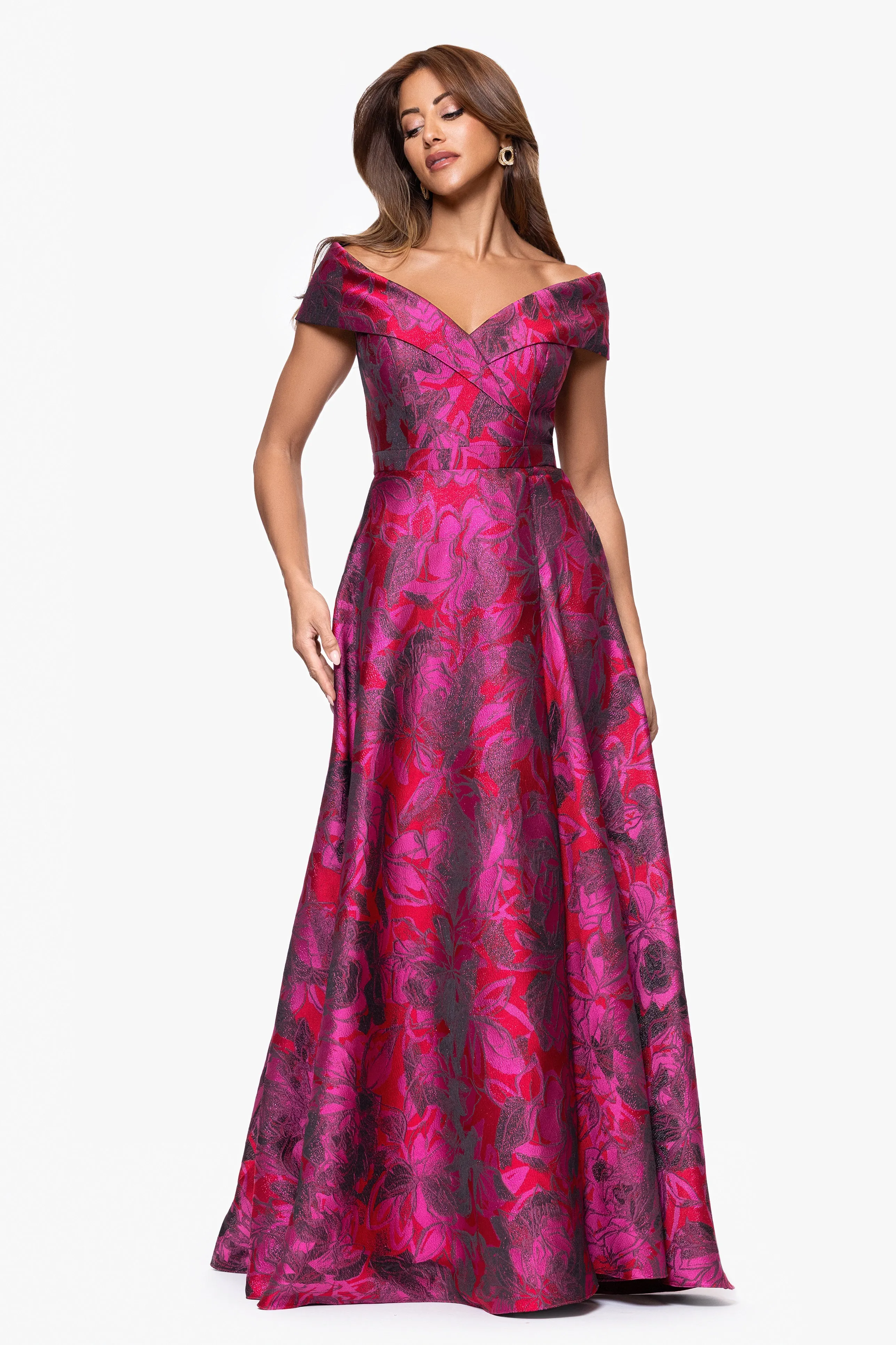 "Bethaney" Jacquard Off the Shoulder Sweetheart Neckline Floor Length Dress sold by Xscape