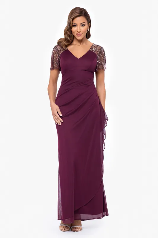 "Lana" Long V-Neck Beaded Flutter Sleeve Dress sold by Xscape