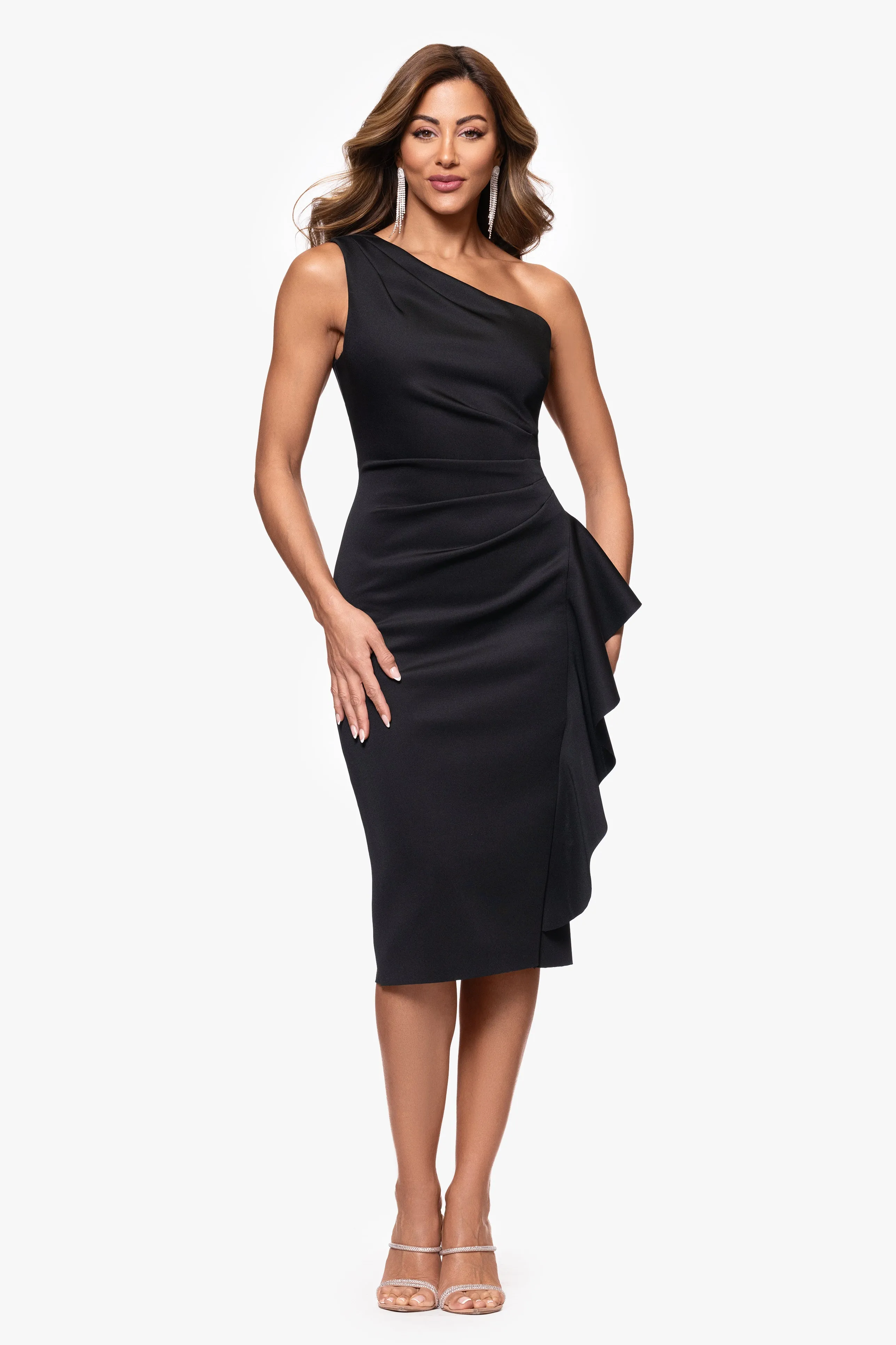 Petite "Carrie" Techno Scuba One Shoulder Knee Length Ruffle Dress sold by Xscape