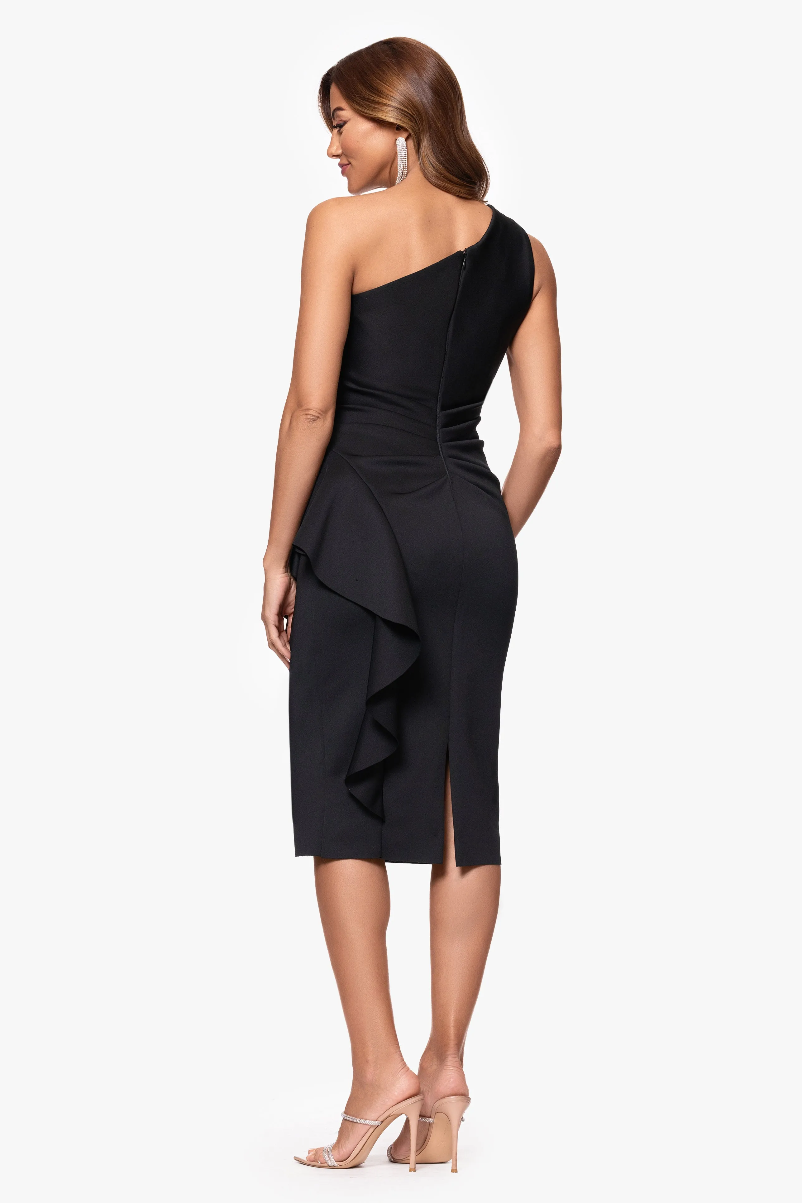 Petite "Carrie" Techno Scuba One Shoulder Knee Length Ruffle Dress sold by Xscape product image thumbnail 3