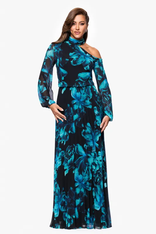 "Gabriela" Print Chiffon Mock Neck Long Sleeve Floor Length Dress sold by Xscape