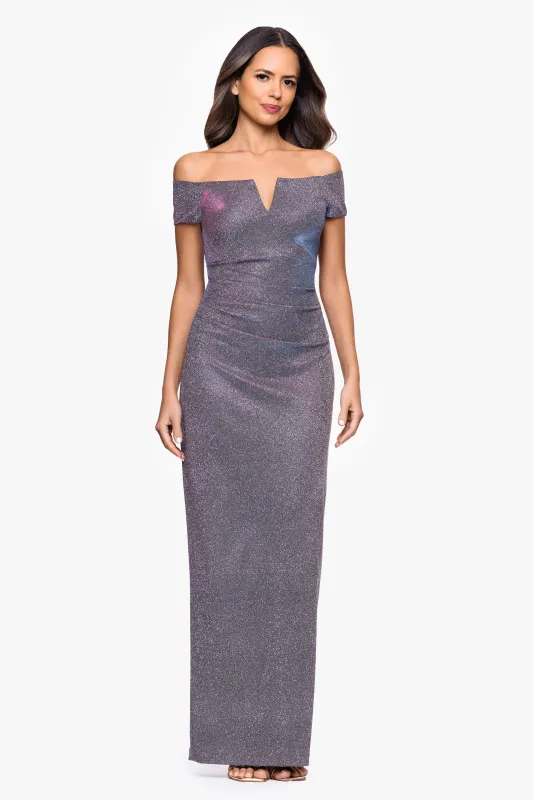 "Amaya" Galaxy Glitter Knit Off the Shoulder V-Neck Floor Length Dress sold by Xscape