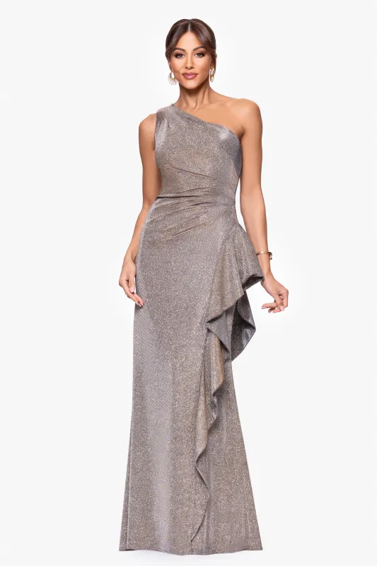 Petite "Shannon" Galaxy Glitter One Shoulder Ruffle Floor Length Dress sold by Xscape