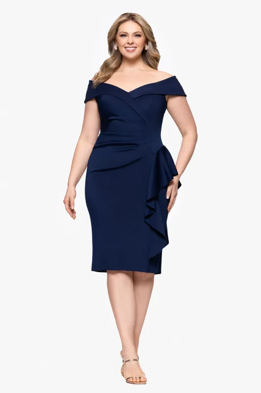 Plus "Meryl" Techno Scuba Off the Shoulder Ruffle Knee Length Dress made by Xscape