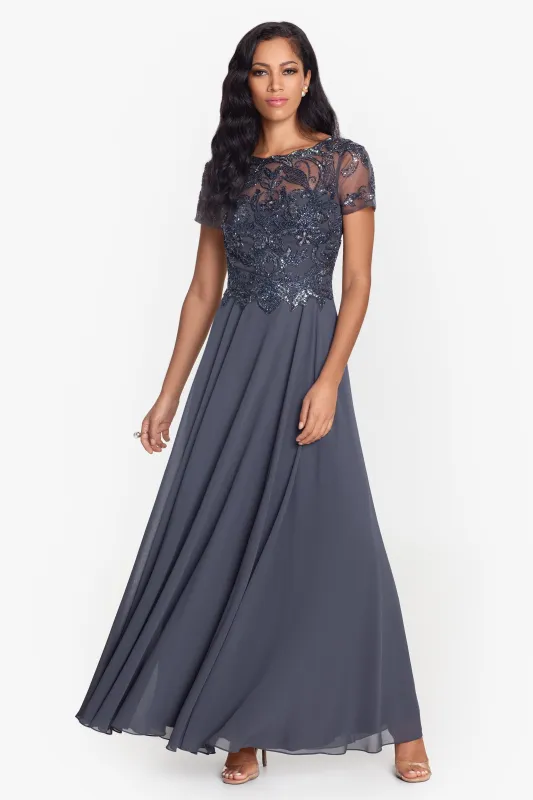 "Jerri" Beaded Short Sleeve Chiffon Gown sold by Xscape