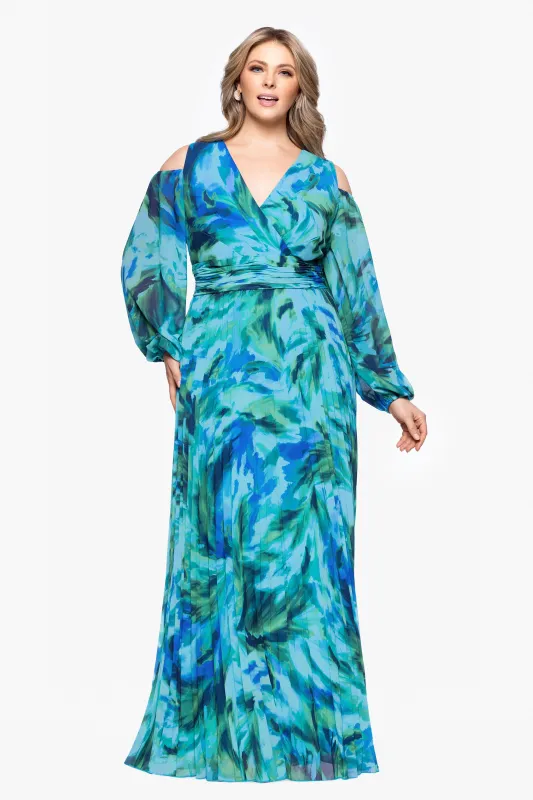 Plus "Tarna" Print Chiffon Long Sleeve V-Neck Floor Length Dress sold by Xscape
