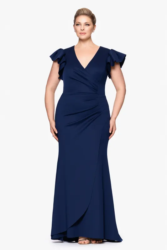 Plus "Anabelle" Techno Scuba Flutter Sleeve V-Neck Floor Length Dress sold by Xscape