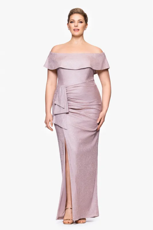 Plus "Tessa" Long Glitter Off the Shoulder Ruffle Dress sold by Xscape