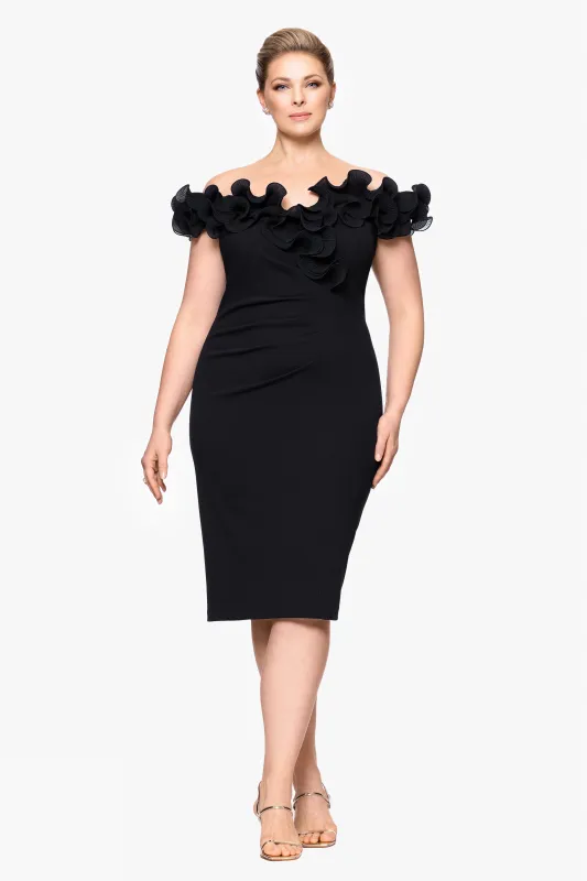 Plus "Natalia" Scuba Crepe Off the Shoulder Ruffle Neck Knee Length Dress sold by Xscape