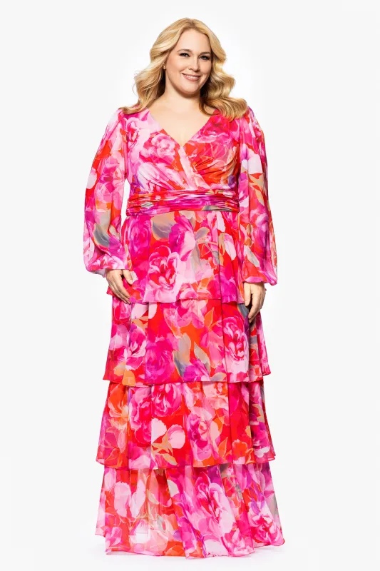 Plus "Norene" Print Chiffon Long Sleeve Ruffle Floor Length Dress sold by Xscape