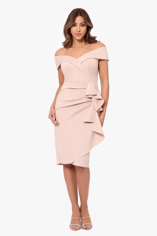 Petite "Jessie" Short Scuba Off the Shoulder Ruffle Dress sold by Xscape