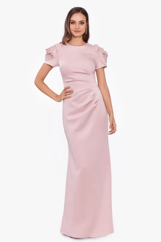 "Cami" Long Scuba Crepe with Flower Shoulder Dress sold by Xscape