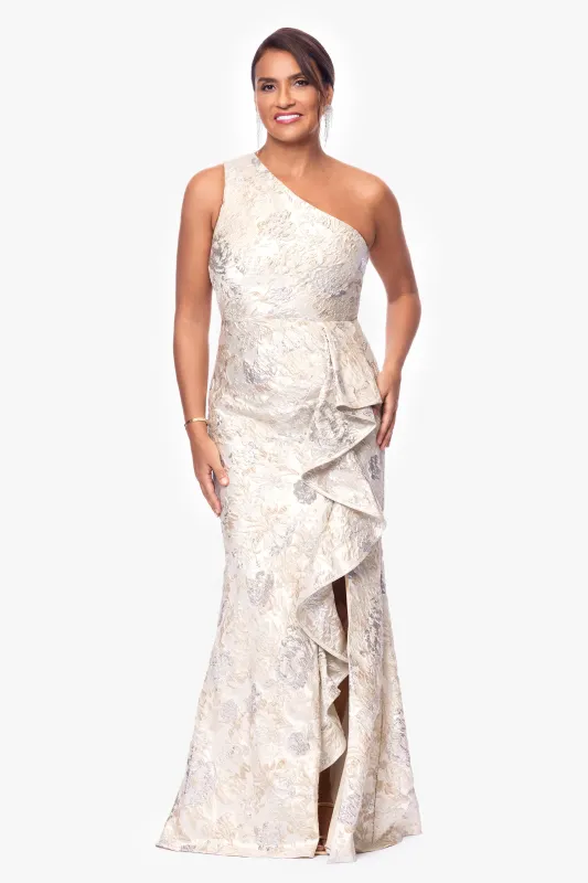 Petite "Paula" Jacquard One Shoulder Ruffle Floor Length Dress sold by Xscape