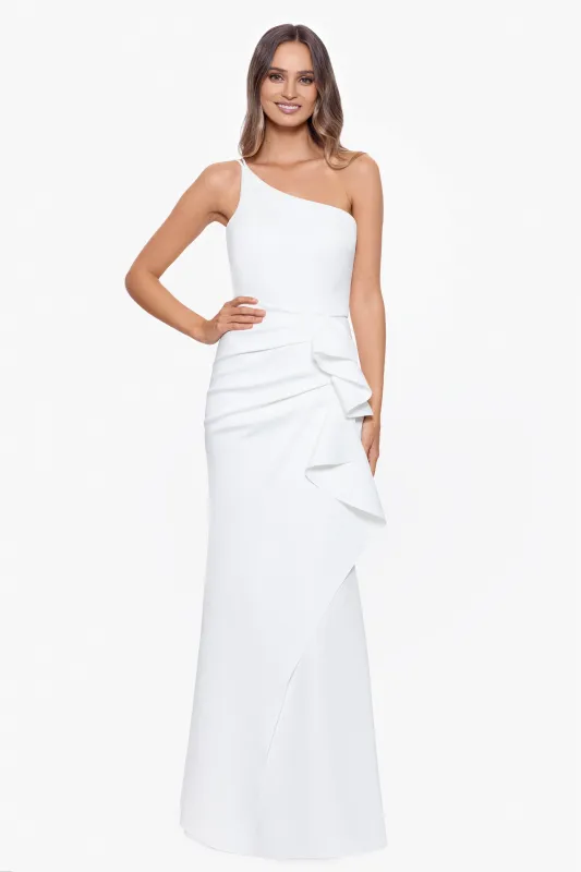 "Daniella" Long One Shoulder Scuba Crepe Ruffle Dress sold by Xscape