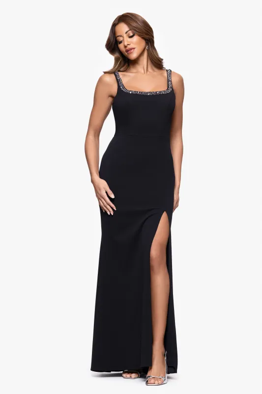 "Lydia" Scuba Crepe Embellished Neckline Floor Length Dress sold by Xscape