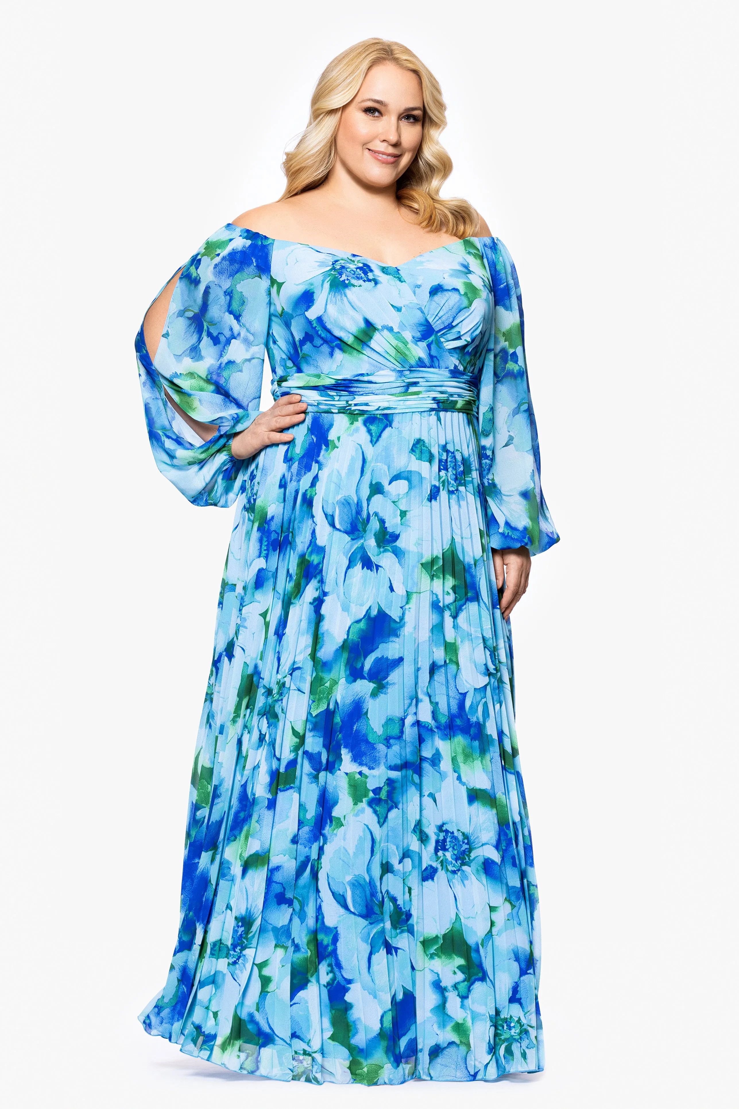 Plus "Moira" Print Chiffon Pleated Long Sleeve Off the Shoulder Floor Length Dress sold by Xscape product image thumbnail 3