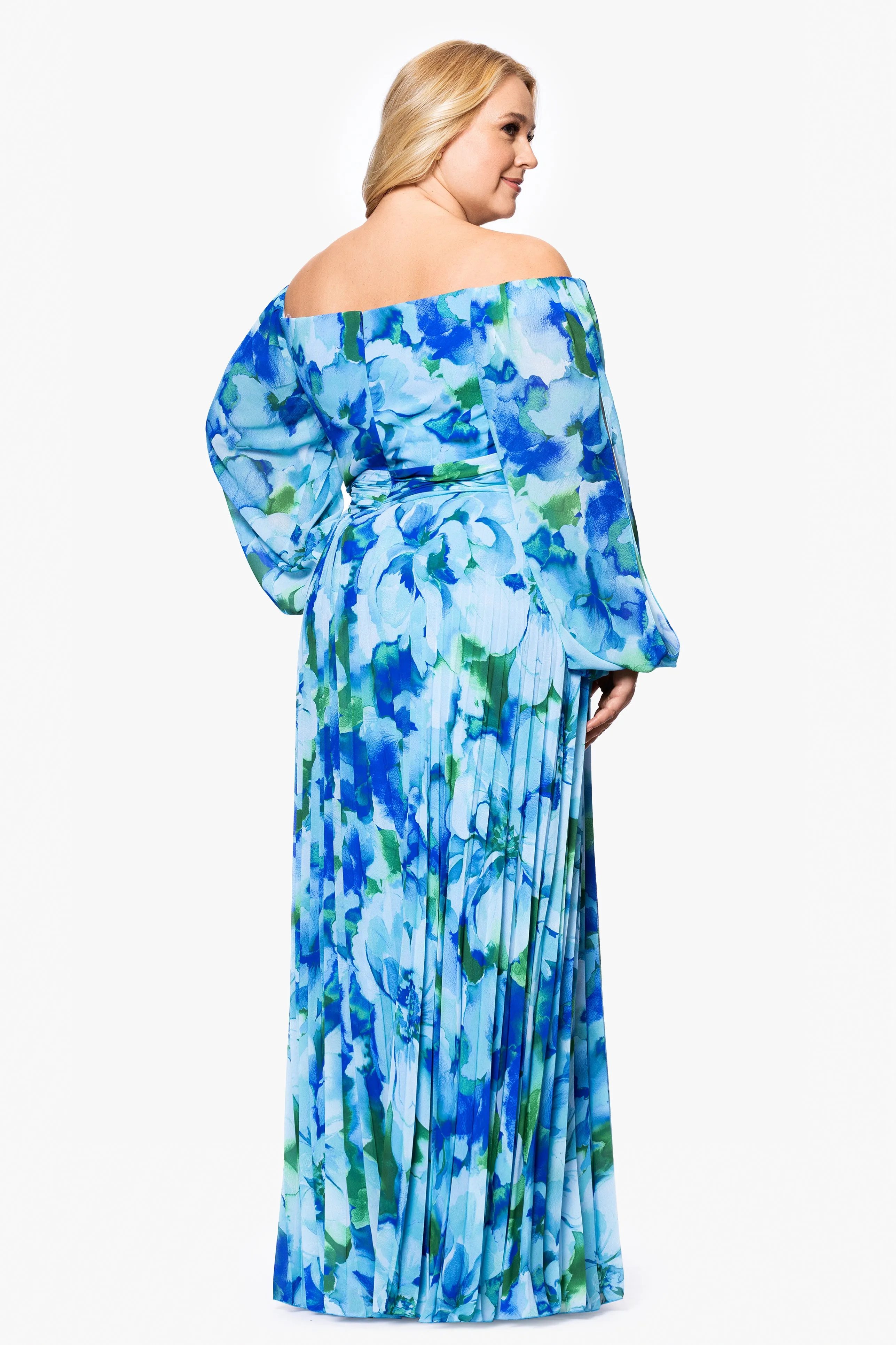 Plus "Moira" Print Chiffon Pleated Long Sleeve Off the Shoulder Floor Length Dress sold by Xscape product image thumbnail 2