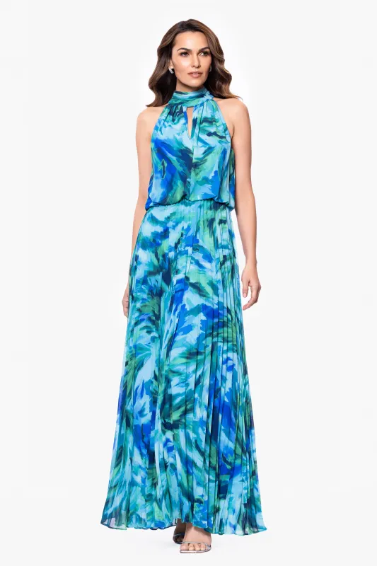 Petite "Maeve" Print Chiffon Mock Neck Floor Length Dress sold by Xscape