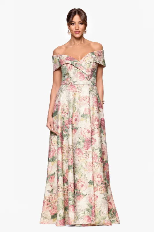 "Rachel" Print Floral Brocade Floor Length Dress sold by Xscape
