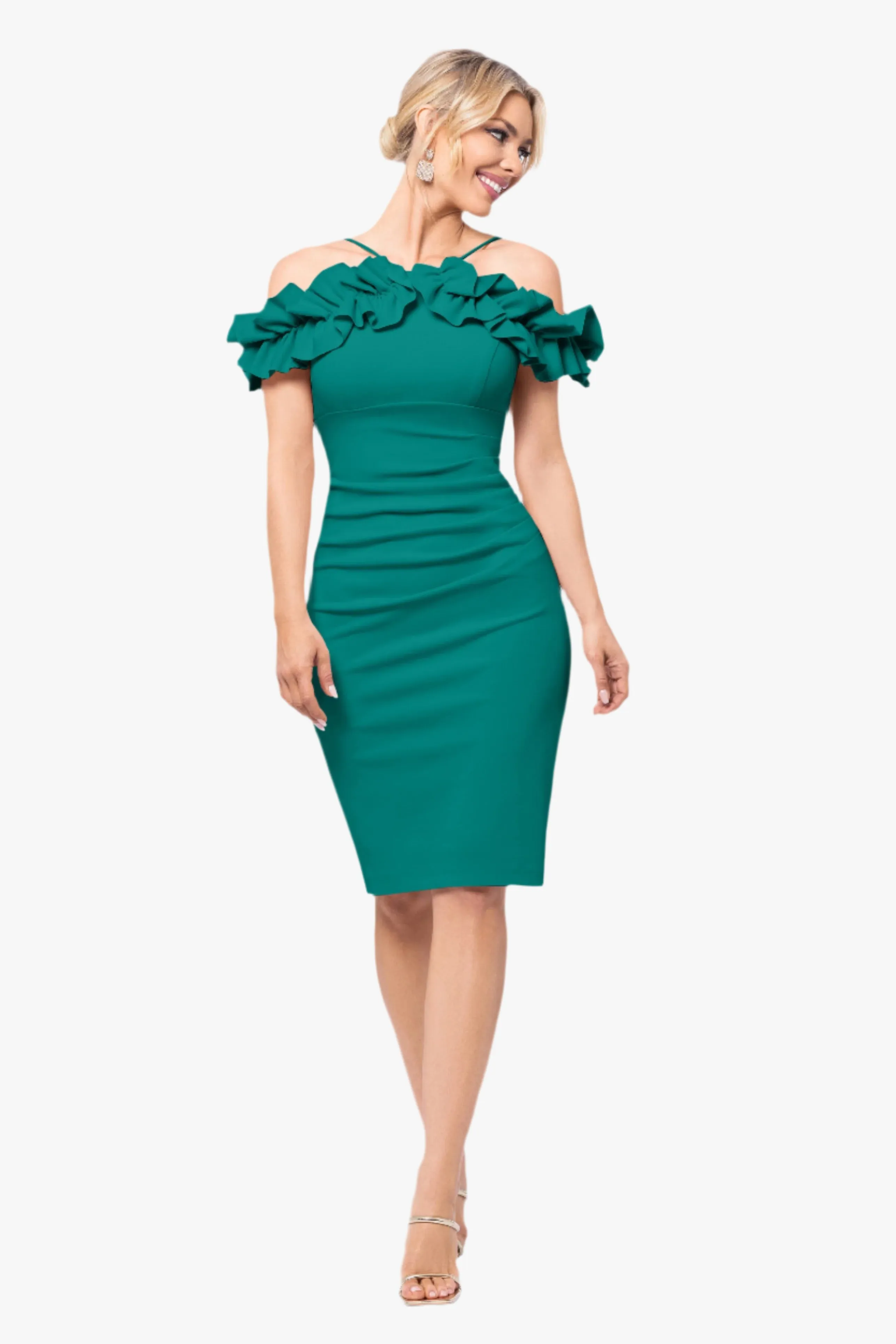 Petite "Tyler" Short Scuba Crepe Off the Shoulder Ruffle Dress sold by Xscape