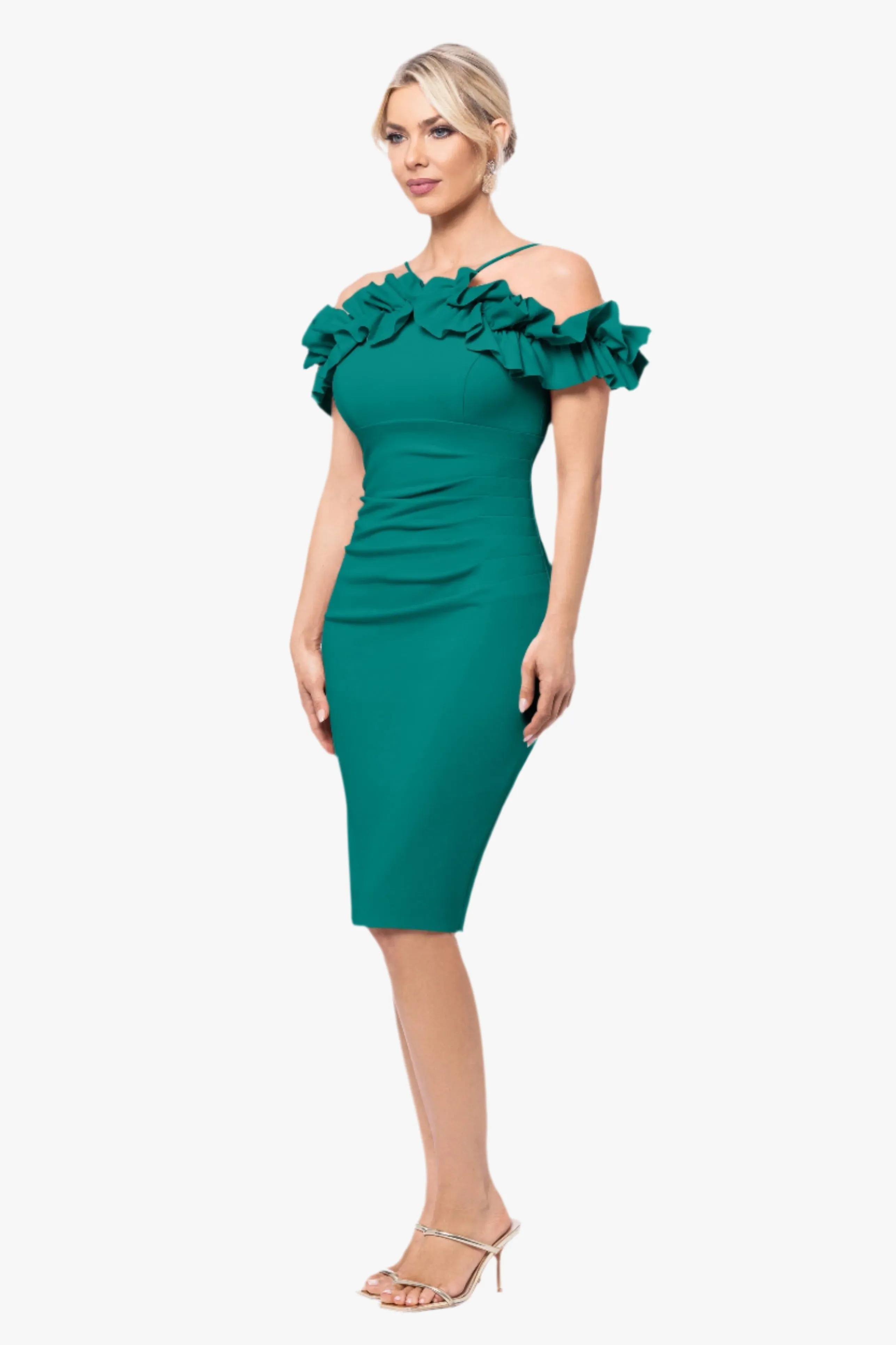 Petite "Tyler" Short Scuba Crepe Off the Shoulder Ruffle Dress sold by Xscape product image thumbnail 4