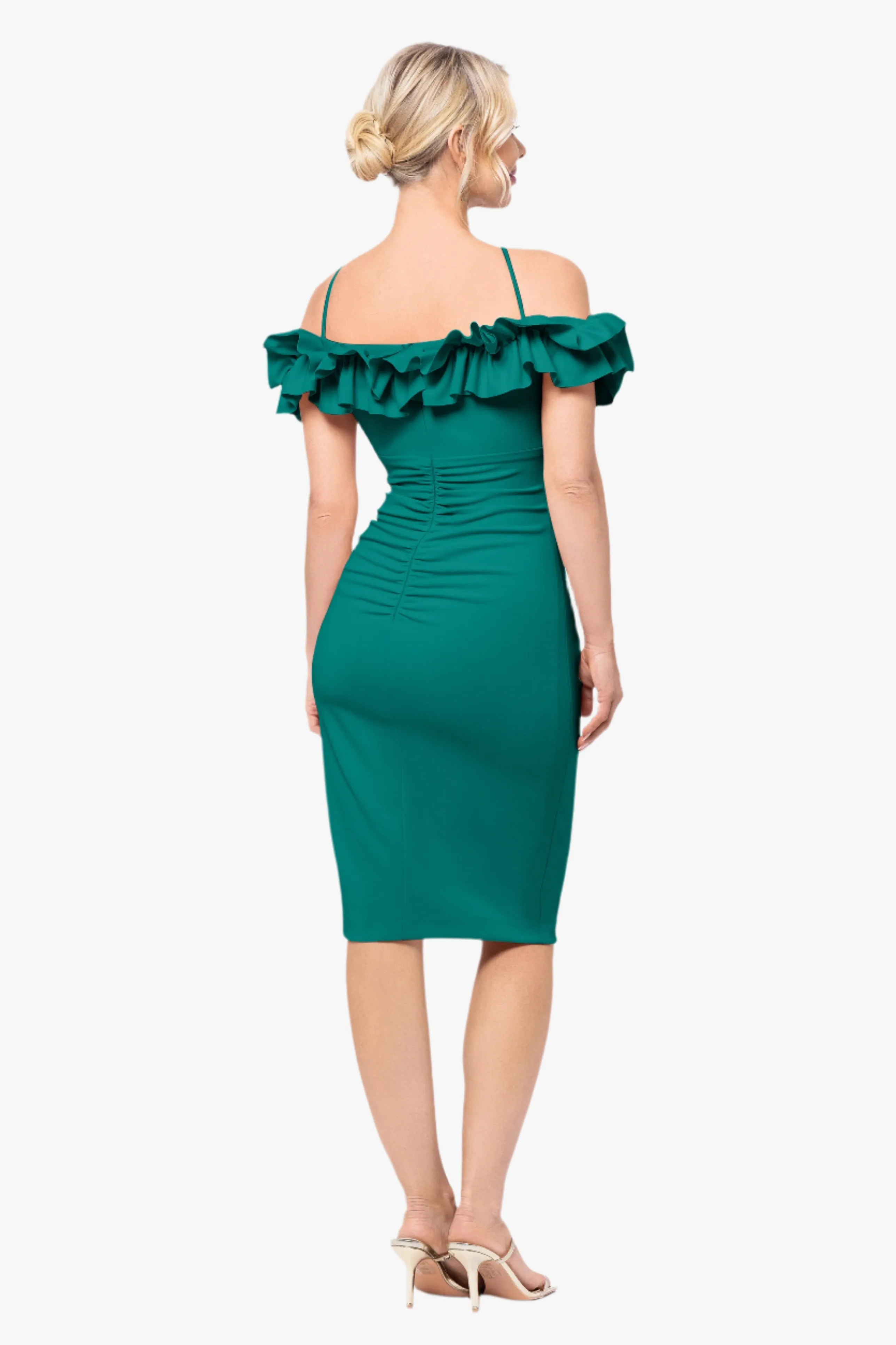 Petite "Tyler" Short Scuba Crepe Off the Shoulder Ruffle Dress sold by Xscape product image thumbnail 3