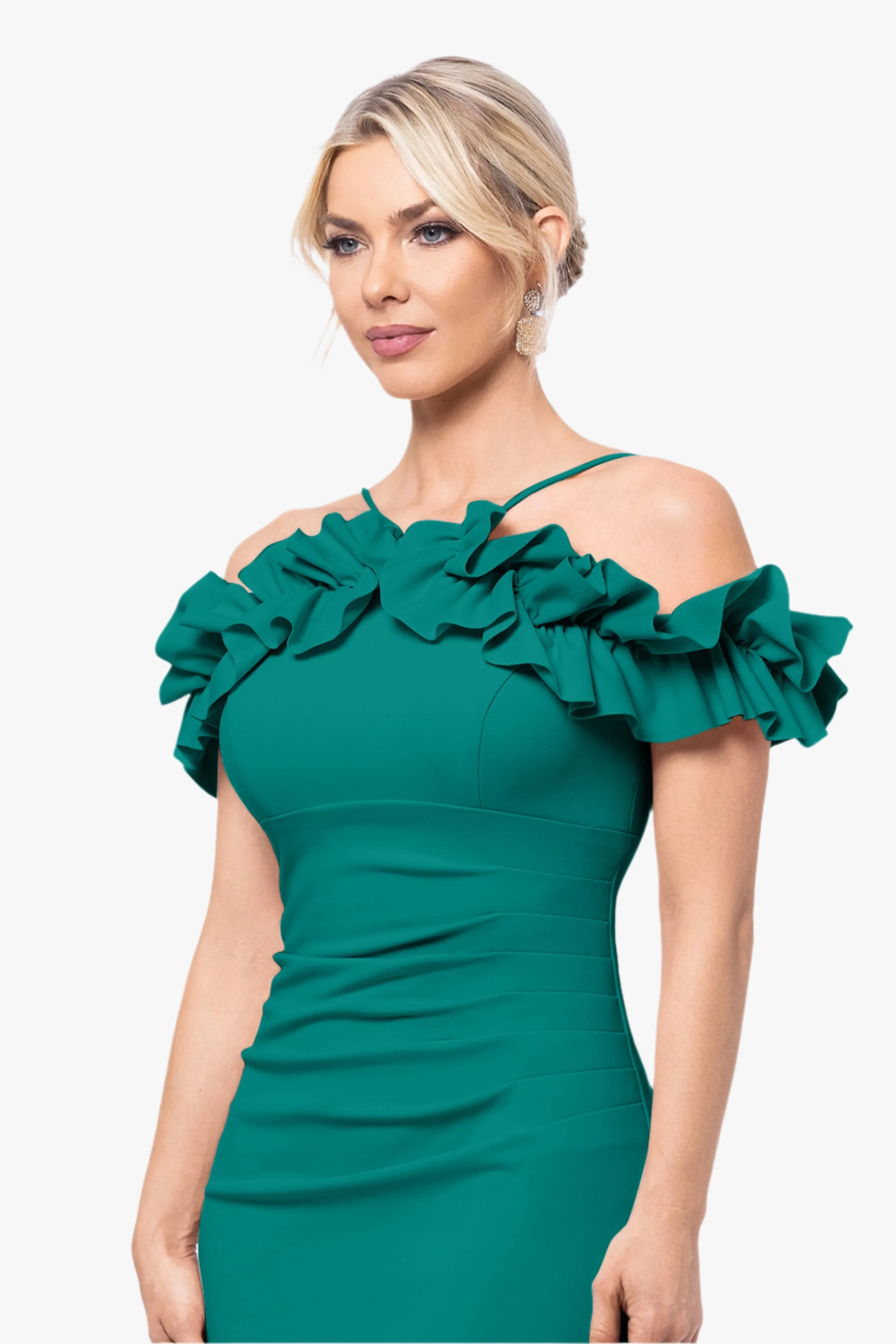 Petite "Tyler" Short Scuba Crepe Off the Shoulder Ruffle Dress sold by Xscape product image thumbnail 2