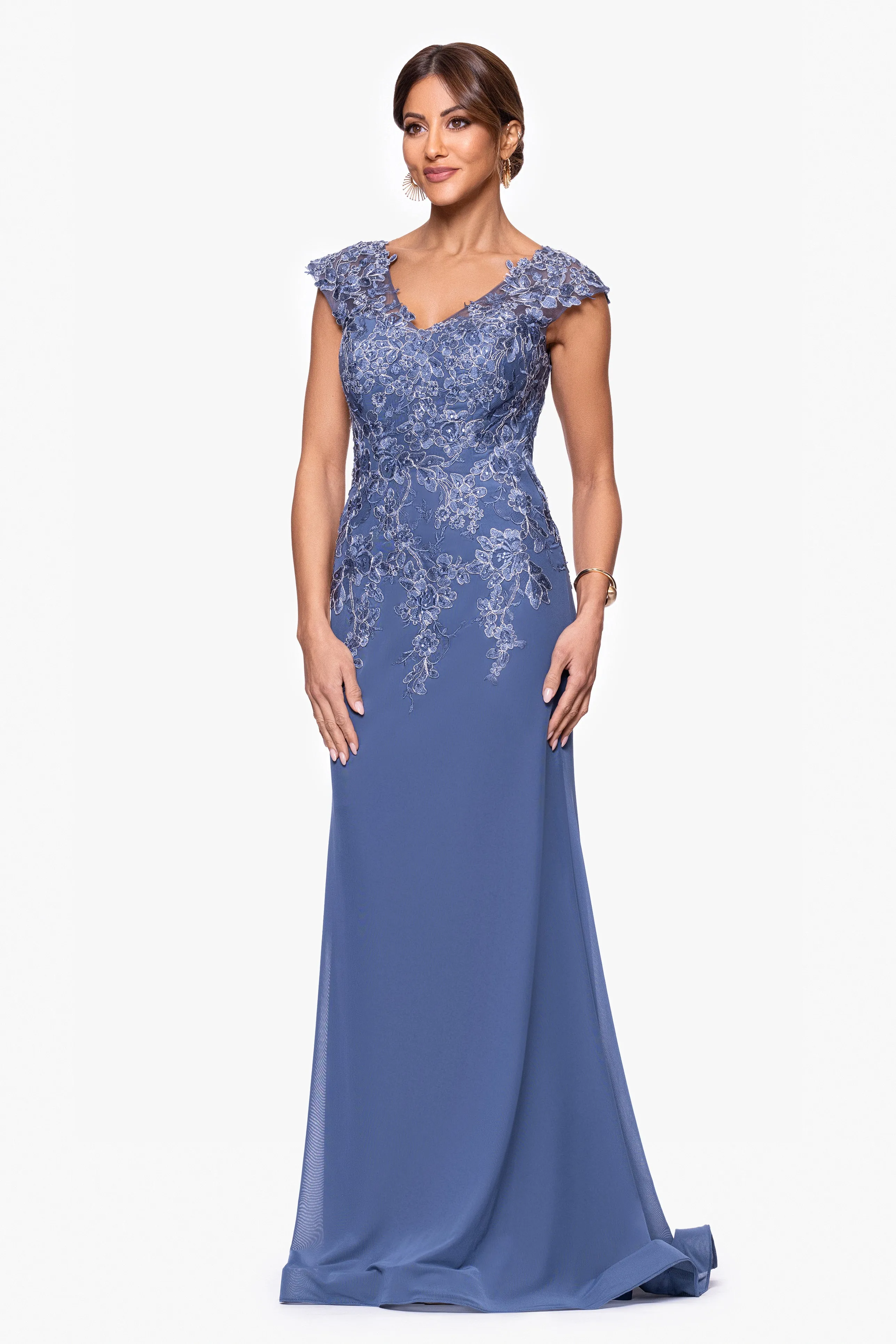 "Clara" Mesh Applique V-Neck Long Dress sold by Xscape product image thumbnail 4