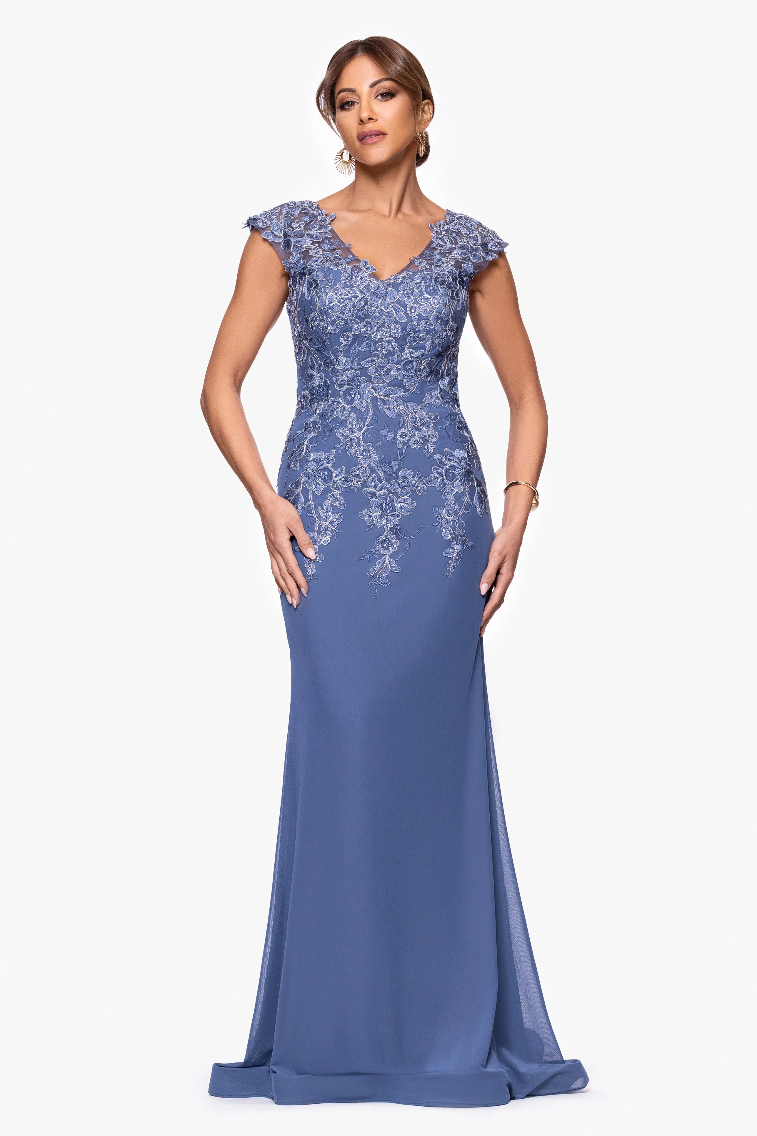 "Clara" Mesh Applique V-Neck Long Dress sold by Xscape