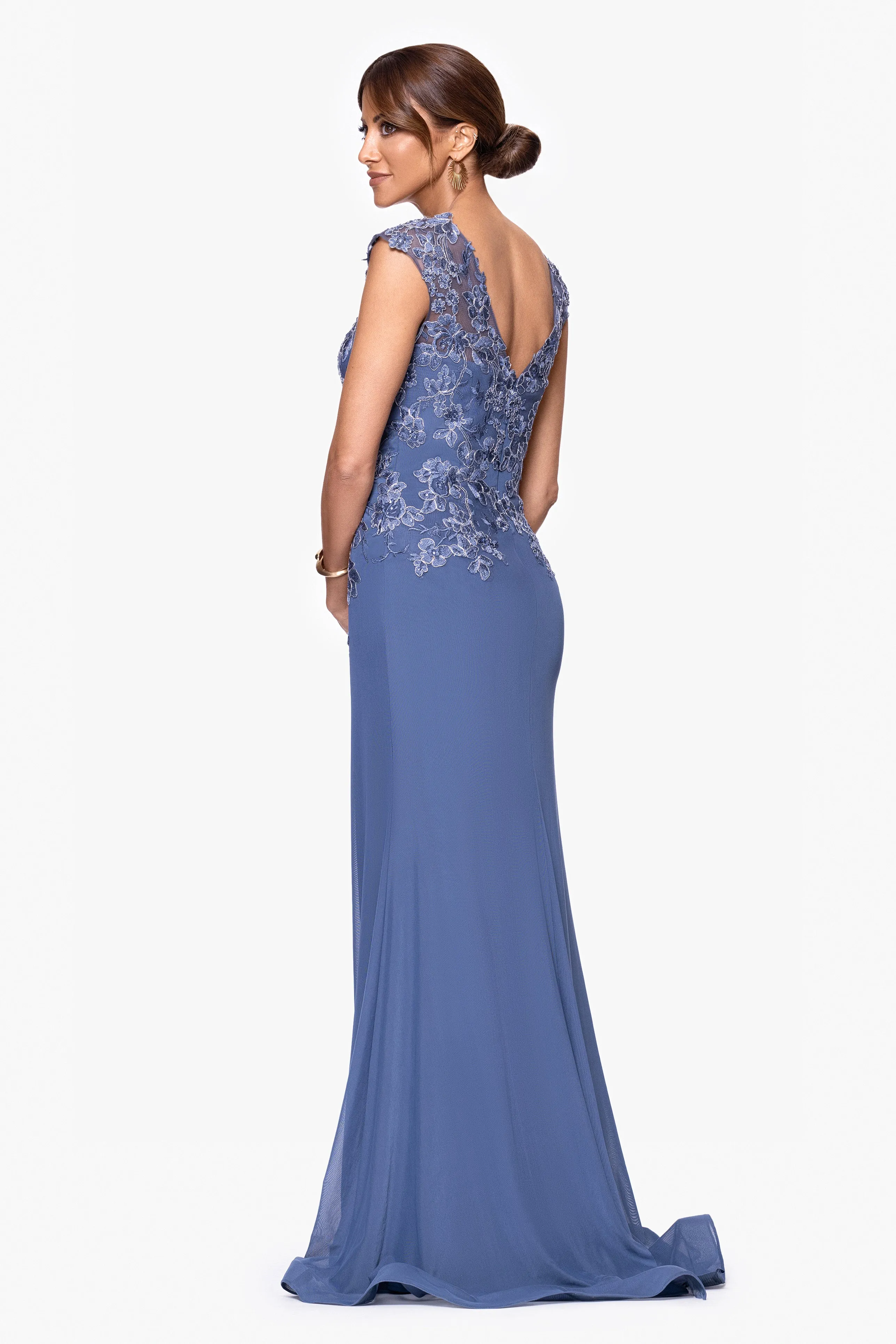 "Clara" Mesh Applique V-Neck Long Dress sold by Xscape product image thumbnail 3