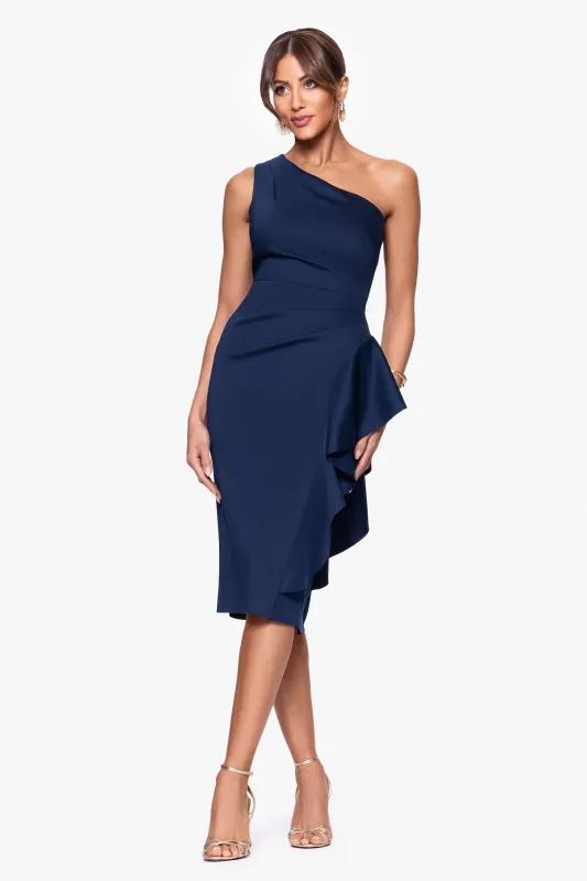 "Carrie" Techno Scuba One Shoulder Knee Length Ruffle Dress sold by Xscape