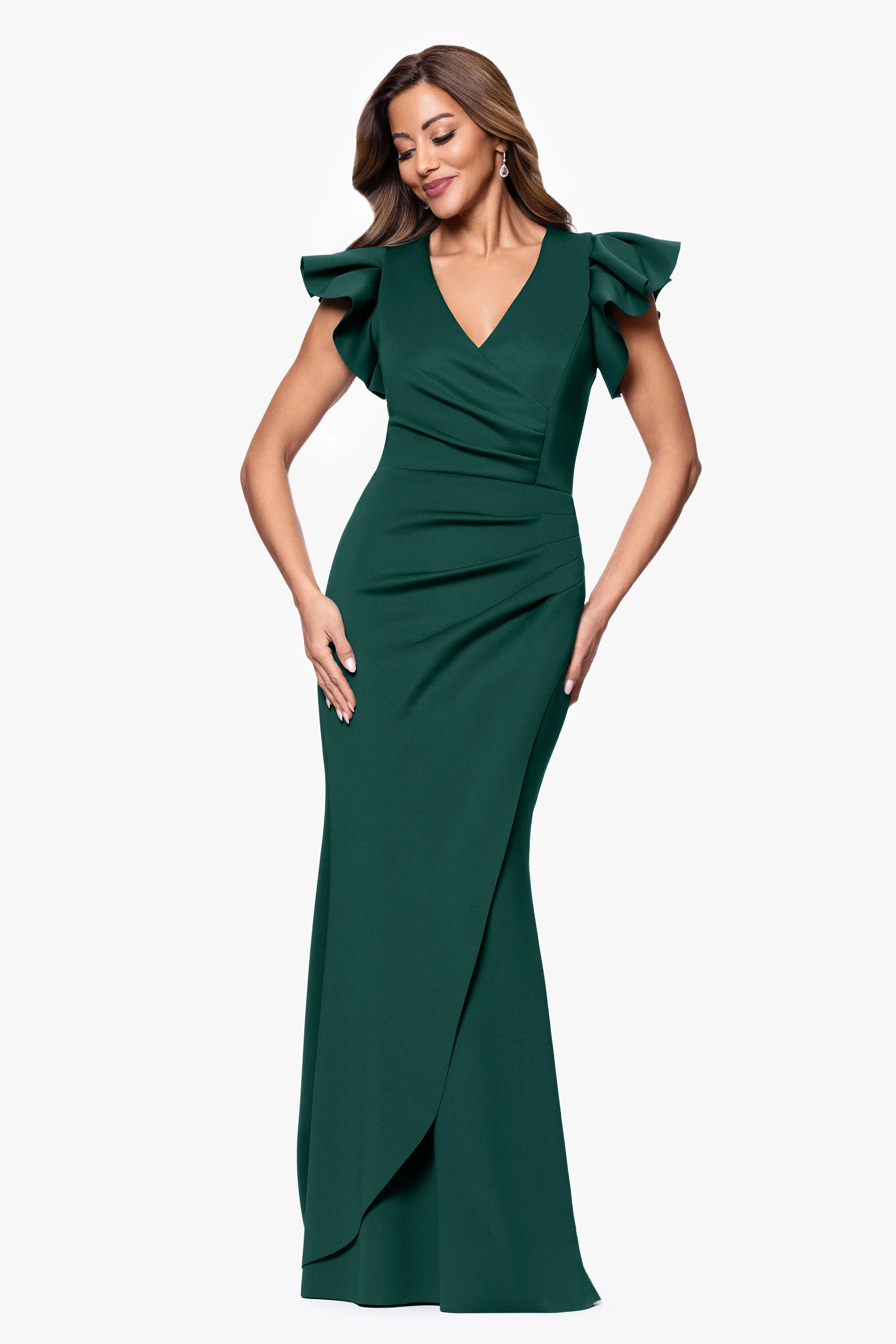 "Anabelle" Techno Scuba Flutter Sleeve V-Neck Floor Length Dress sold by Xscape product image thumbnail 4