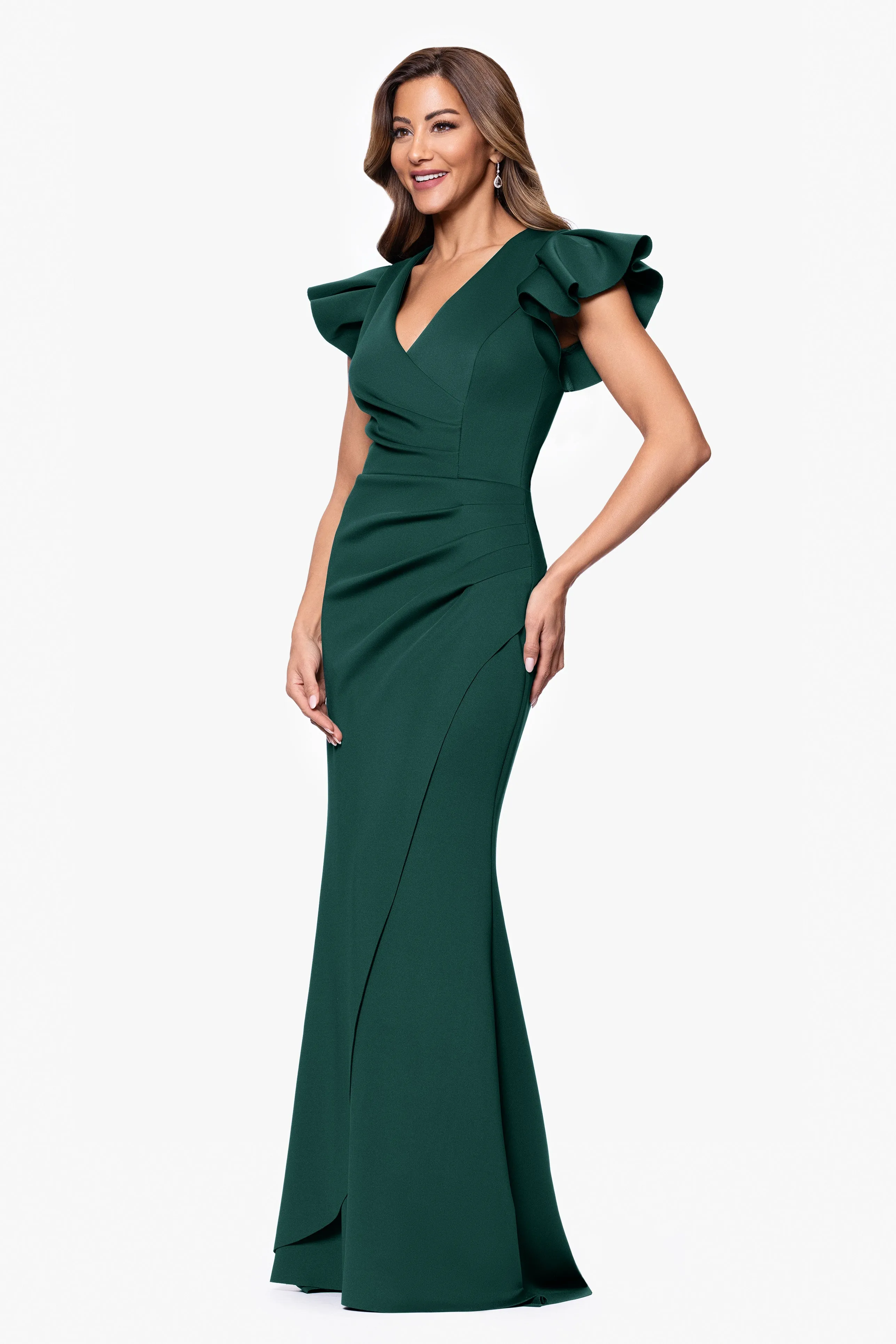 "Anabelle" Techno Scuba Flutter Sleeve V-Neck Floor Length Dress sold by Xscape