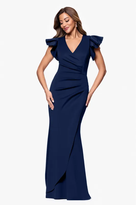 "Anabelle" Techno Scuba Flutter Sleeve V-Neck Floor Length Dress sold by Xscape