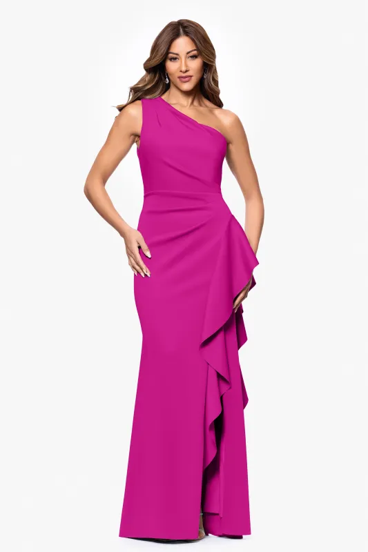 "Flo" Long Techno Scuba One Shoulder Ruffle Dress sold by Xscape