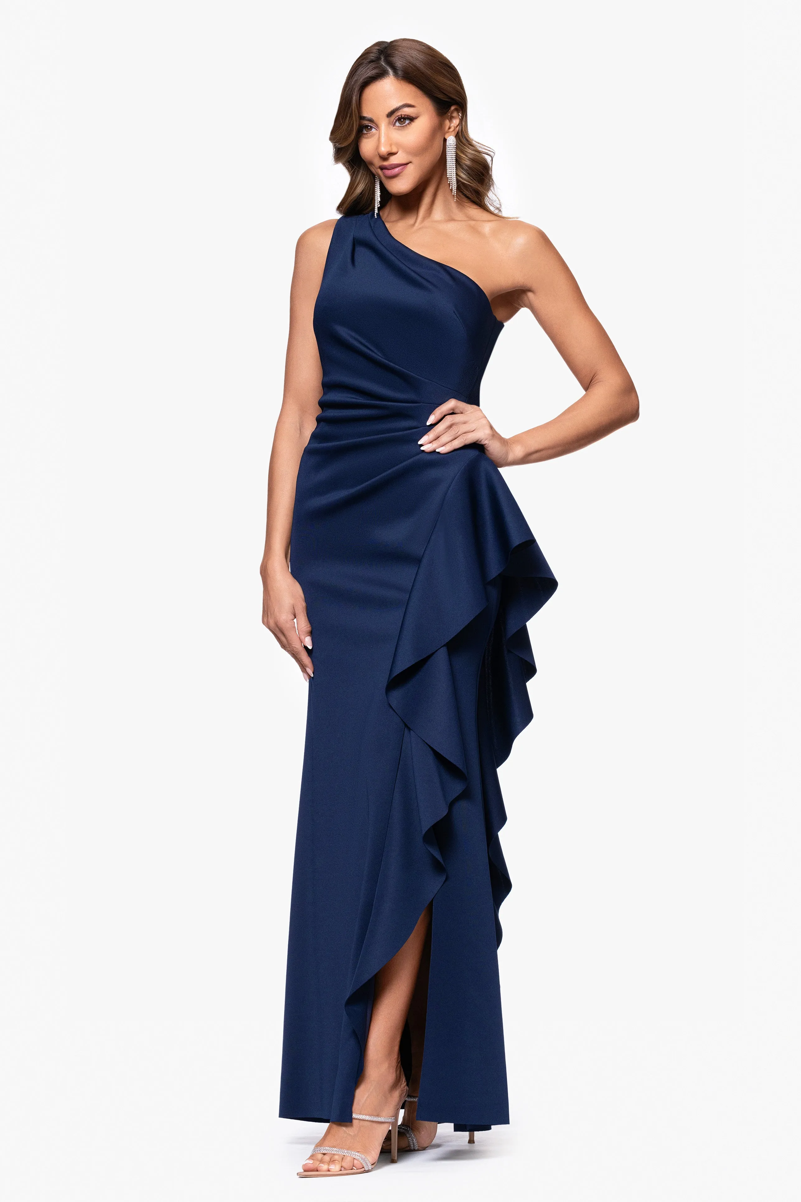 Petite "Flo" Long Techno Scuba One Shoulder Ruffle Dress sold by Xscape product image thumbnail 4