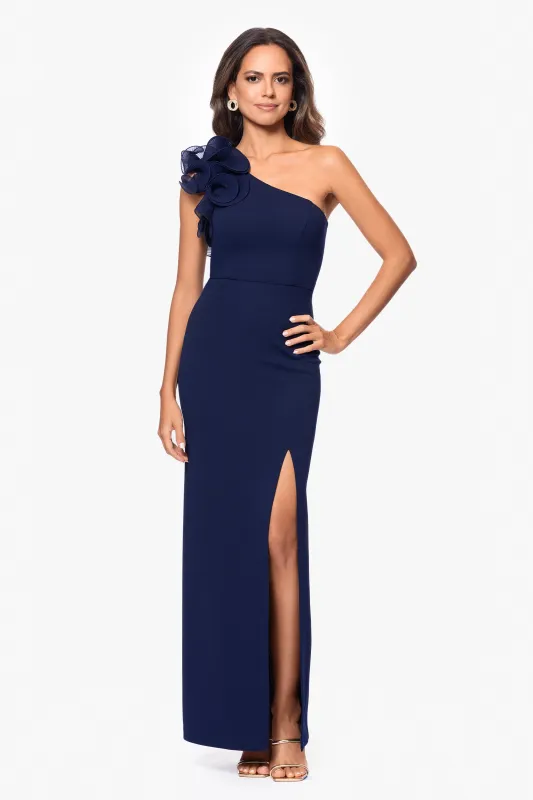 "Marianna" Long Scuba Crepe One Shoulder Ruffle Dress sold by Xscape