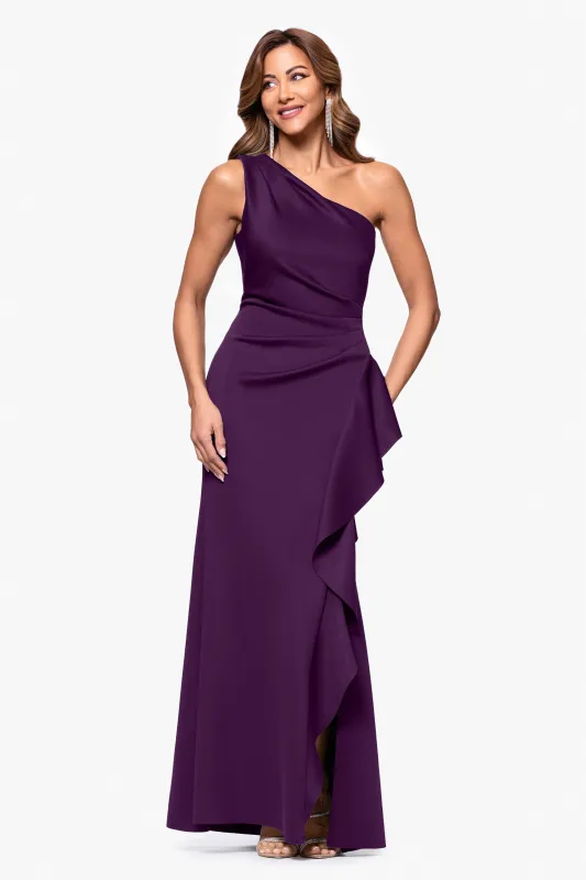 "Flo" Long Techno Scuba One Shoulder Ruffle Dress sold by Xscape