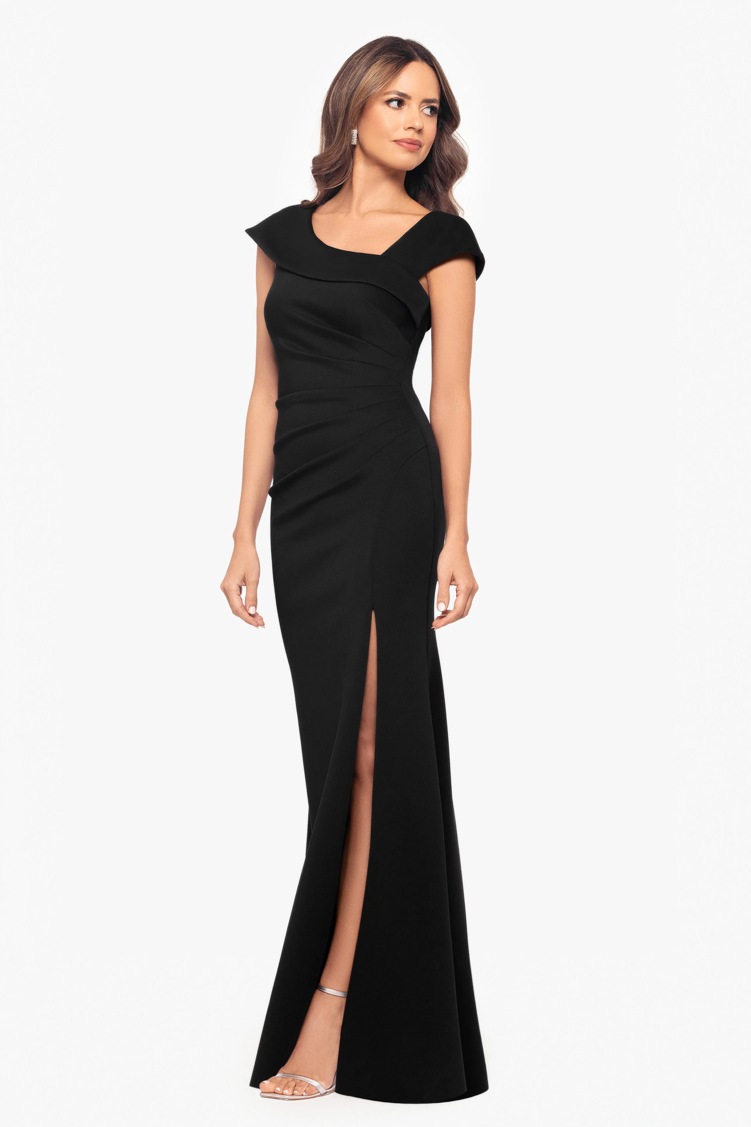 "Lenore " Long Asymmetrical Neckline Scuba Dress sold by Xscape product image thumbnail 4
