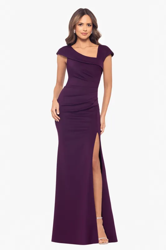 "Lenore " Long Asymmetrical Neckline Scuba Dress sold by Xscape