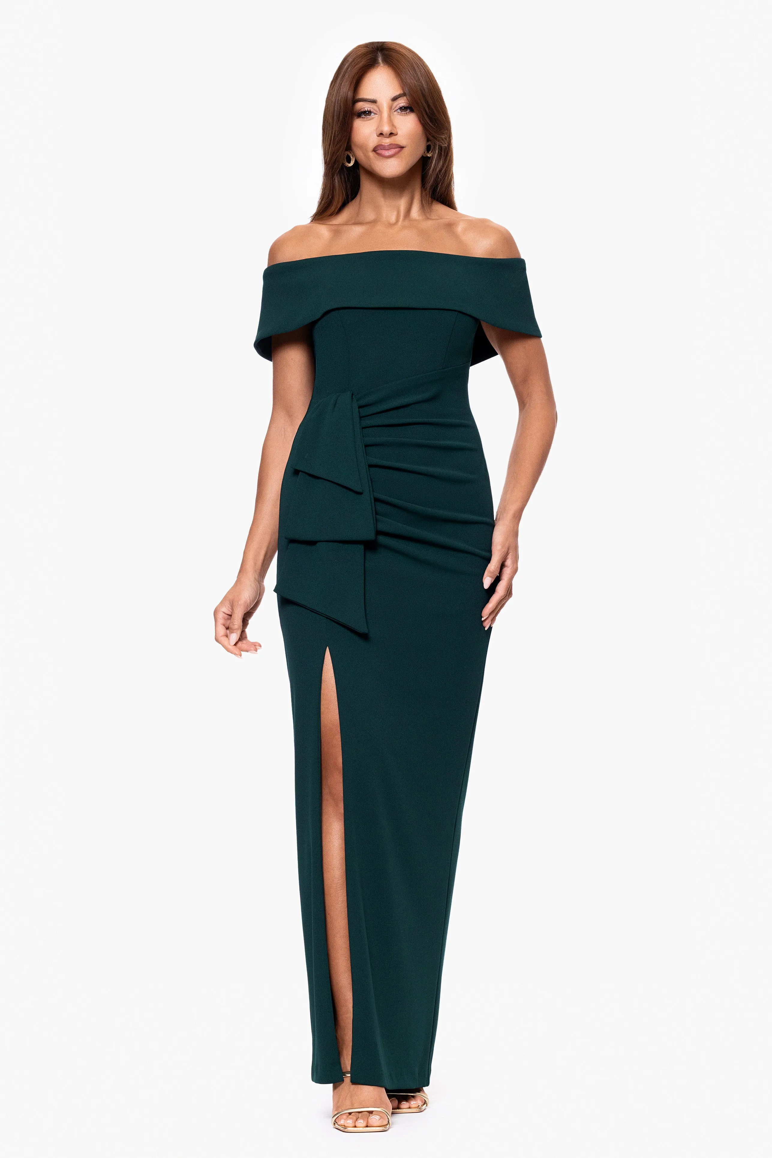 "Camila" Long Off the Shoulder Scuba Crepe Dress sold by Xscape