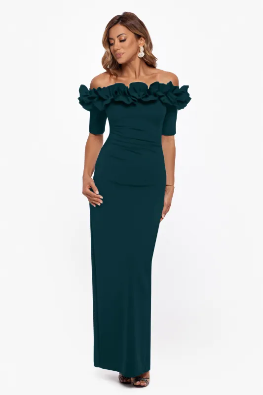 "Isla" Long Crepe Off the Shoulder Ruffle Dress sold by Xscape