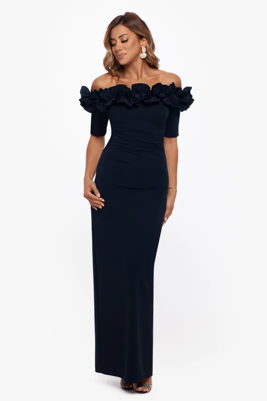 "Isla" Long Crepe Off the Shoulder Ruffle Dress made by Xscape