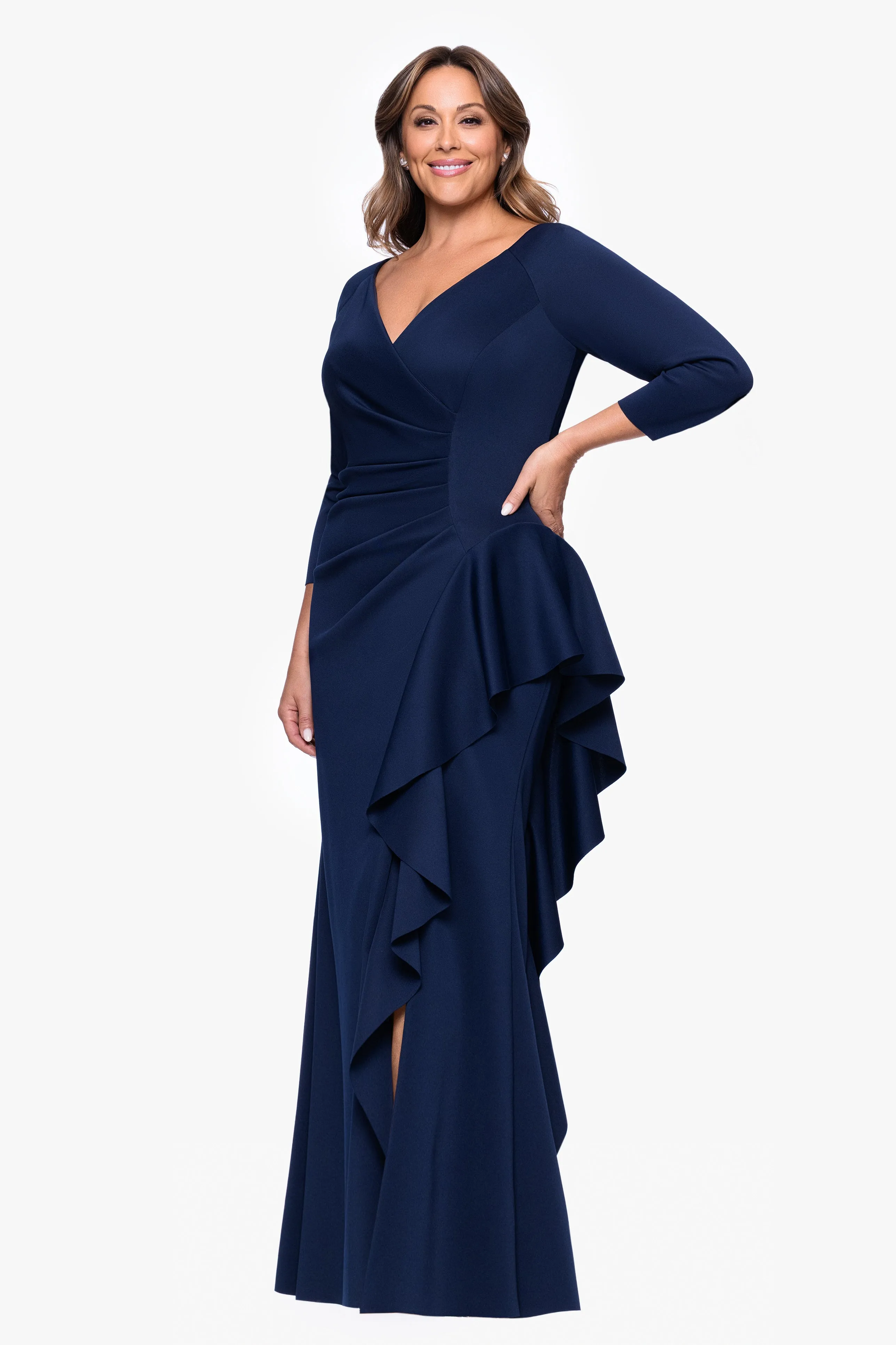 Plus "Amber" Techno Scuba 3/4 Sleeve V-Neck Ruffle Floor Length Dress sold by Xscape product image thumbnail 4